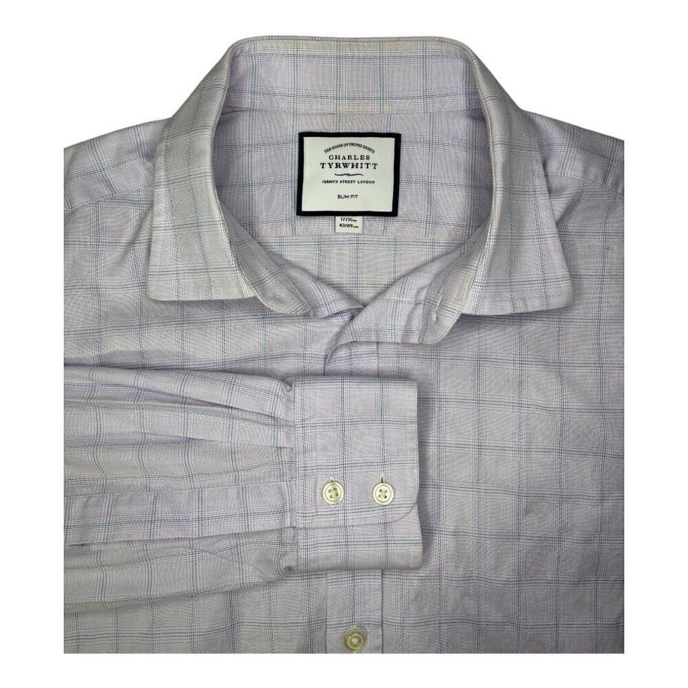 Charles Tyrwhitt Slim Fit Button Shirt Men's 17 35 Geometric Squares Gray Blue